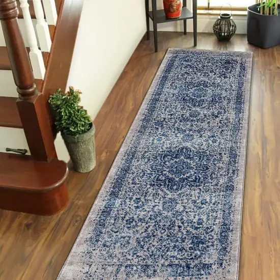 7' Blue and Beige Oriental Power Loom Runner Rug Photo 3