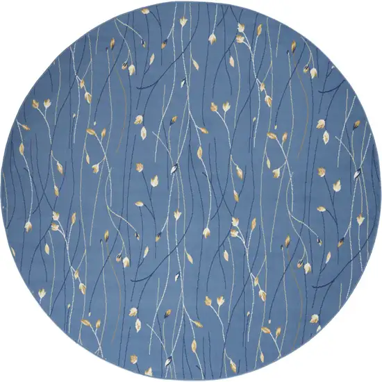 8' Blue and Beige Round Floral Power Loom Area Rug Photo 2