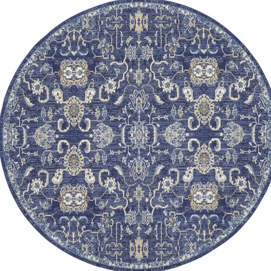 8' Blue and Beige Round Floral Power Loom Area Rug Photo 6