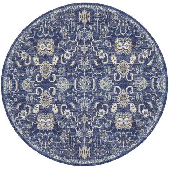 8' Blue and Beige Round Floral Power Loom Area Rug Photo 2