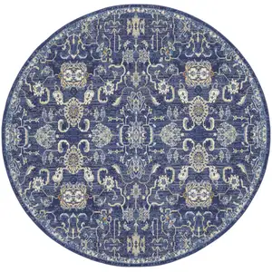 Photo of 8' Blue and Beige Round Floral Power Loom Area Rug