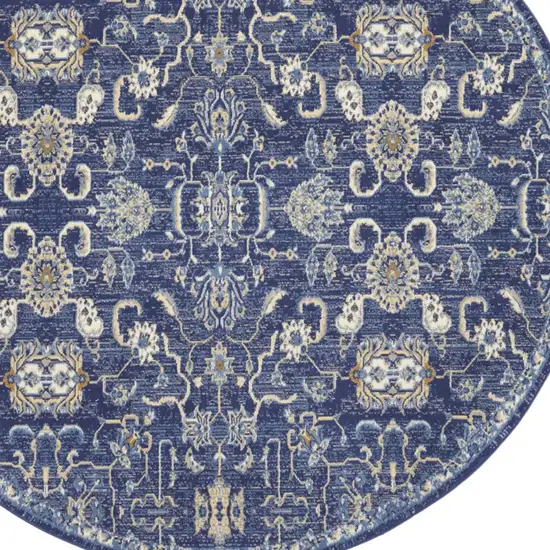 8' Blue and Beige Round Floral Power Loom Area Rug Photo 5