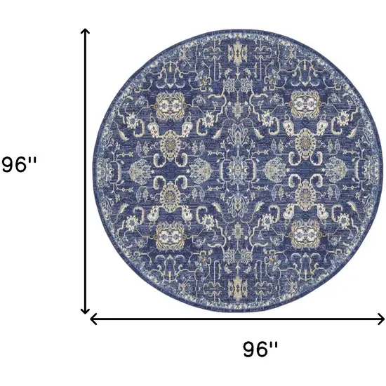 8' Blue and Beige Round Floral Power Loom Area Rug Photo 3