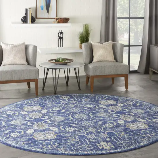 8' Blue and Beige Round Floral Power Loom Area Rug Photo 8