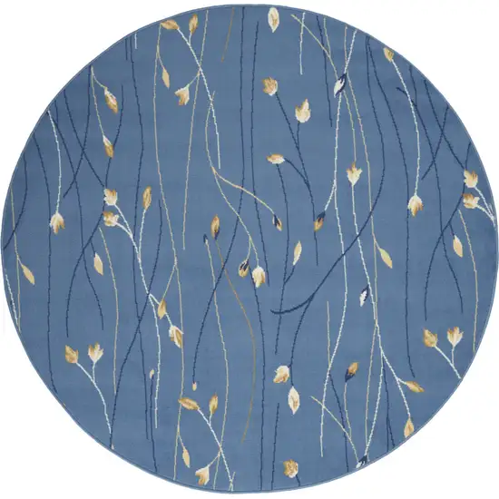 4' Blue And Beige Floral Vines Round Rug Photo 2