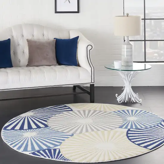 5' Blue and Beige Round Geometric Power Loom Area Rug Photo 8