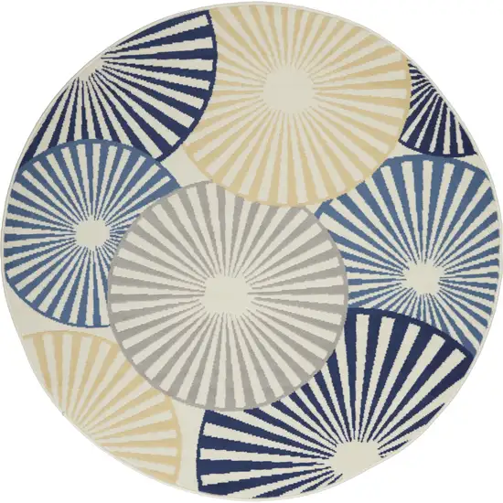 5' Blue and Beige Round Geometric Power Loom Area Rug Photo 2