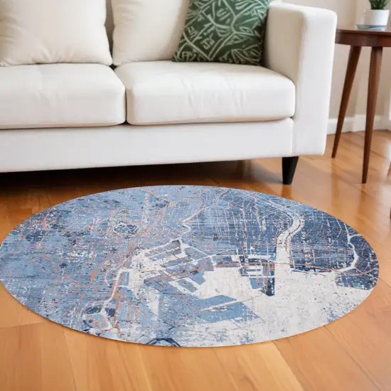 8' Blue and Black Round Abstract Non Skid Area Rug Photo 1