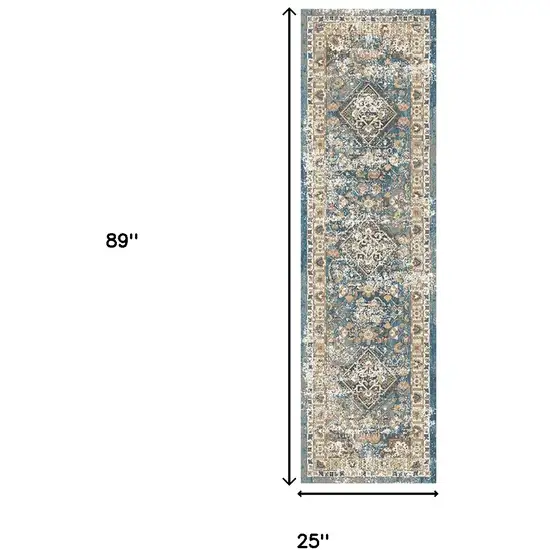 8' Blue and Brown Oriental Distressed Runner Rug With Fringe Photo 5