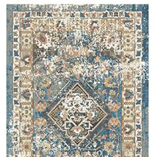 8' Blue and Brown Oriental Distressed Runner Rug With Fringe Photo 3