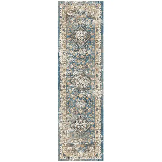 8' Blue and Brown Oriental Distressed Runner Rug With Fringe Photo 2