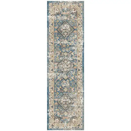 8' Blue and Brown Oriental Distressed Runner Rug With Fringe Photo 4