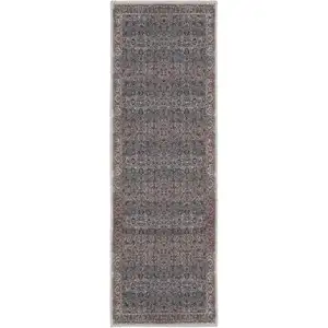 Photo of 6' Blue and Brown Oriental Power Loom Distressed Washable Non Skid Runner Rug