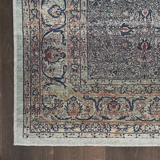 6' Blue and Brown Oriental Power Loom Distressed Washable Non Skid Runner Rug Photo 2