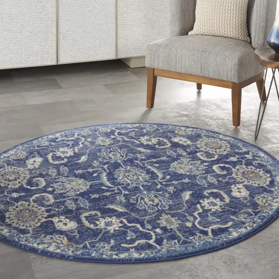 5' Blue and Gold Round Oriental Power Loom Area Rug Photo 8