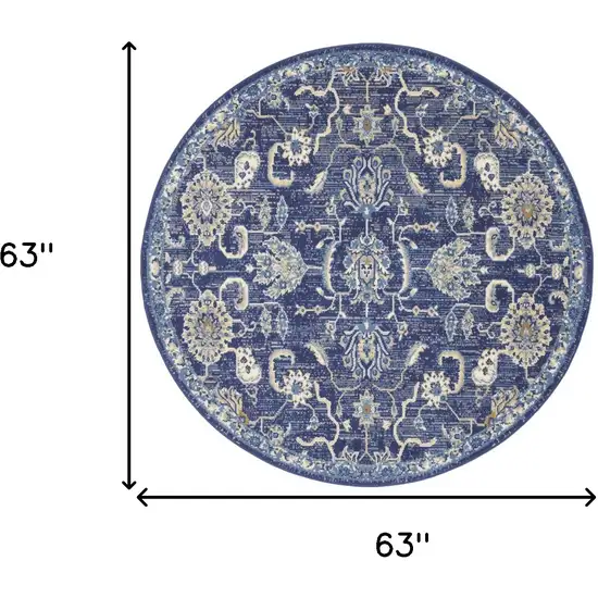 5' Blue and Gold Round Oriental Power Loom Area Rug Photo 3