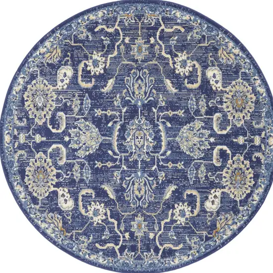 5' Blue and Gold Round Oriental Power Loom Area Rug Photo 7