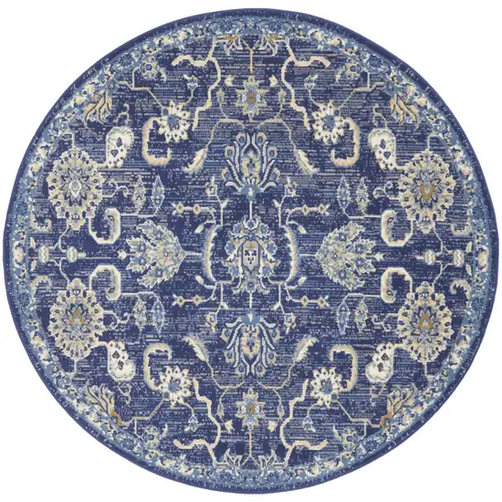 5' Blue and Gold Round Oriental Power Loom Area Rug Photo 2