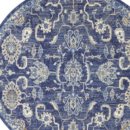 5' Blue and Gold Round Oriental Power Loom Area Rug Photo 6