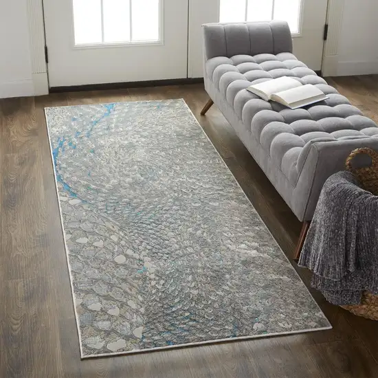 8' Blue and Gray Abstract Power Loom Runner Rug Photo 6