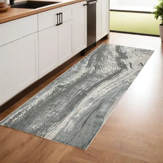 8' Blue and Gray Abstract Power Loom Runner Rug Photo 1