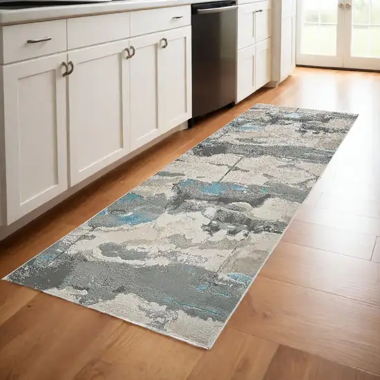 8' Blue and Gray Abstract Power Loom Runner Rug Photo 1