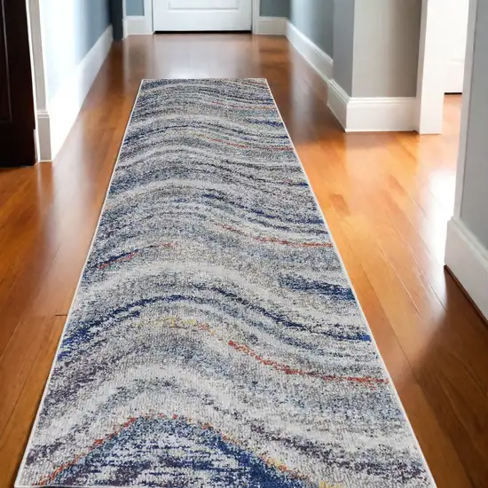 10' Blue and Gray Abstract Power Loom Runner Rug Photo 1