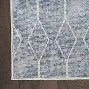 Photo of 8' Blue and Gray Geometric Power Loom Washable Runner Rug