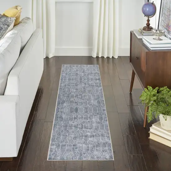 8' Blue and Gray Geometric Power Loom Washable Runner Rug Photo 6