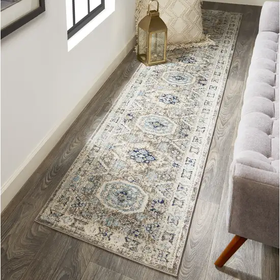 8' Blue and Gray Medallion Runner Rug Photo 5