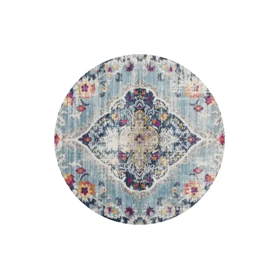 5' Blue and Gray Oriental Distressed Round Rug Photo 1