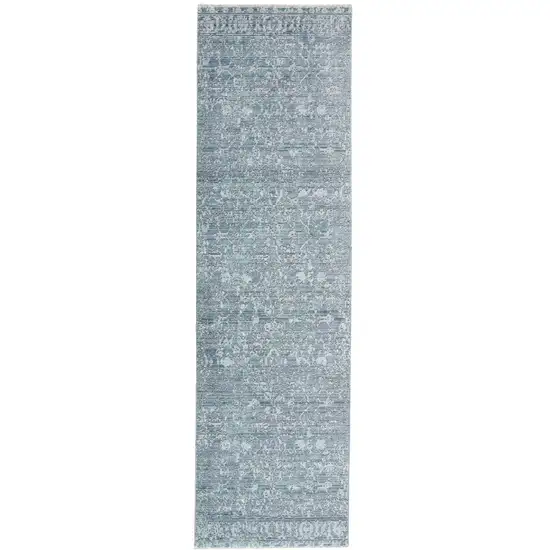 8' Blue and Gray Oriental Power Loom Distressed Runner Rug with Fringe Photo 1