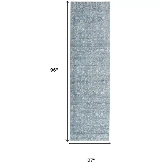 8' Blue and Gray Oriental Power Loom Distressed Runner Rug with Fringe Photo 4