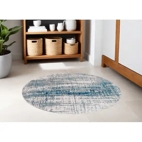 5' Blue and Gray Round Abstract Non Skid Area Rug Photo 1