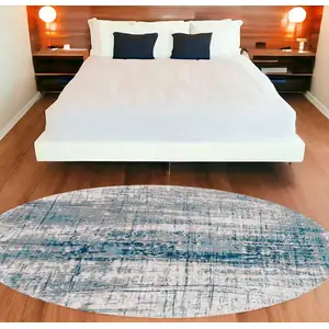 Photo of 8' Blue and Gray Round Abstract Non Skid Area Rug