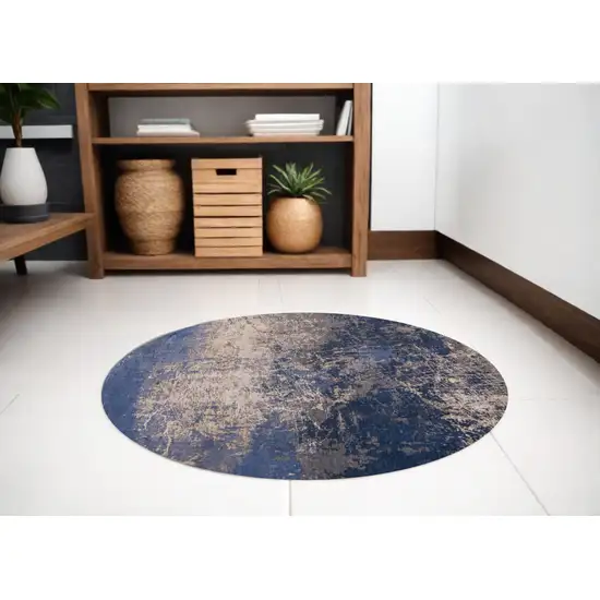 5' Blue and Gray Round Abstract Non Skid Area Rug Photo 1