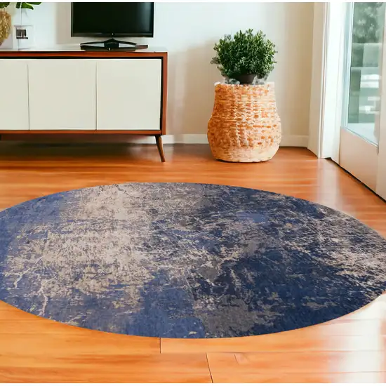 8' Blue and Gray Round Abstract Non Skid Area Rug Photo 1