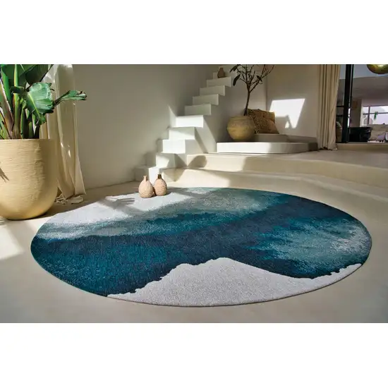 8' Blue and Gray Round Abstract Non Skid Area Rug Photo 6