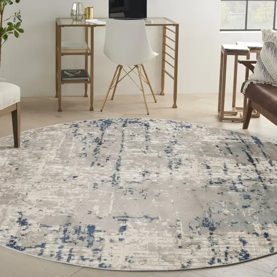 8' Blue and Gray Round Abstract Power Loom Area Rug Photo 4