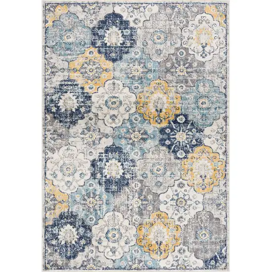 8' Blue and Gray Round Floral Washable Non Skid Area Rug Photo 2