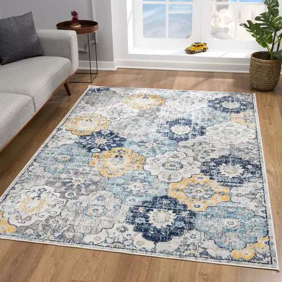 8' Blue and Gray Round Floral Washable Non Skid Area Rug Photo 9