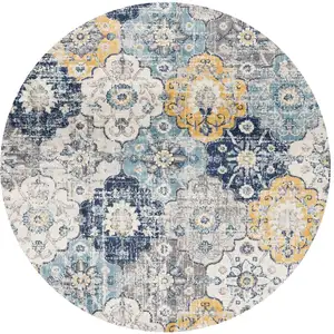 Photo of 5' Blue and Gray Round Geometric Washable Non Skid Area Rug