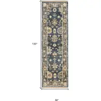 Photo of 10' Blue and Gray Wool Floral Hand Knotted Runner Rug With Fringe