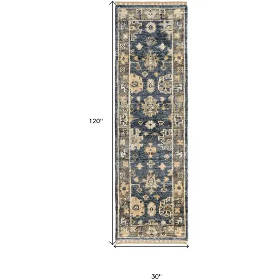 10' Blue and Gray Wool Floral Hand Knotted Runner Rug With Fringe Photo 3