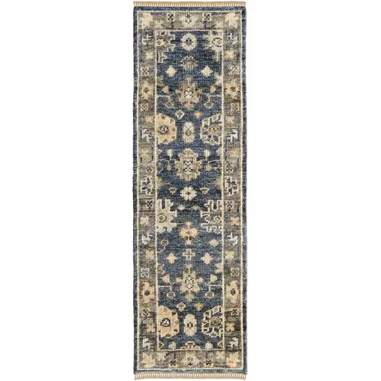 12' Blue and Gray Wool Floral Hand Knotted Runner Rug With Fringe Photo 2