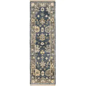 Photo of 12' Blue and Gray Wool Floral Hand Knotted Runner Rug With Fringe