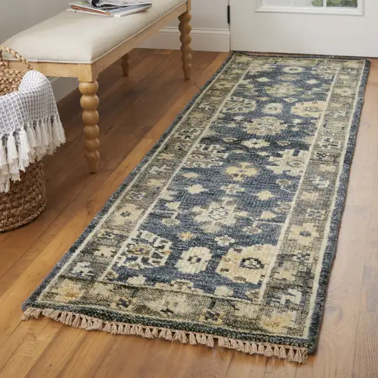 12' Blue and Gray Wool Floral Hand Knotted Runner Rug With Fringe Photo 5