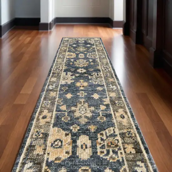 12' Blue and Gray Wool Floral Hand Knotted Runner Rug With Fringe Photo 1