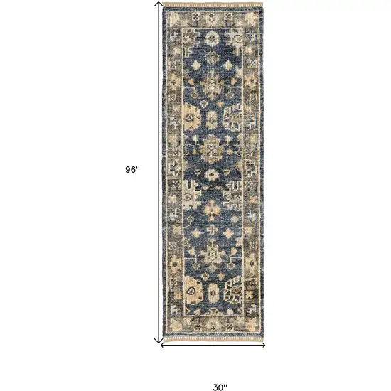 8' Blue and Gray Wool Floral Hand Knotted Runner Rug With Fringe Photo 3