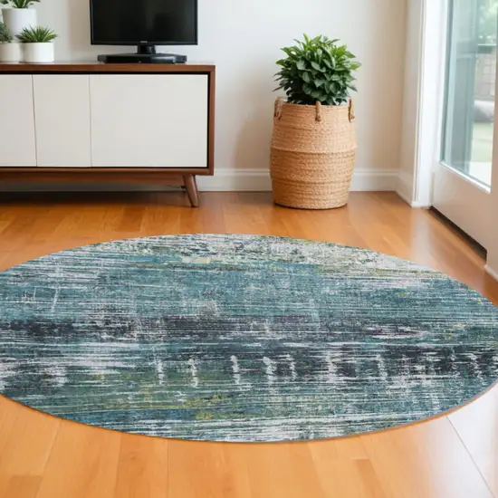 8' Blue and Green Round Abstract Non Skid Area Rug Photo 1